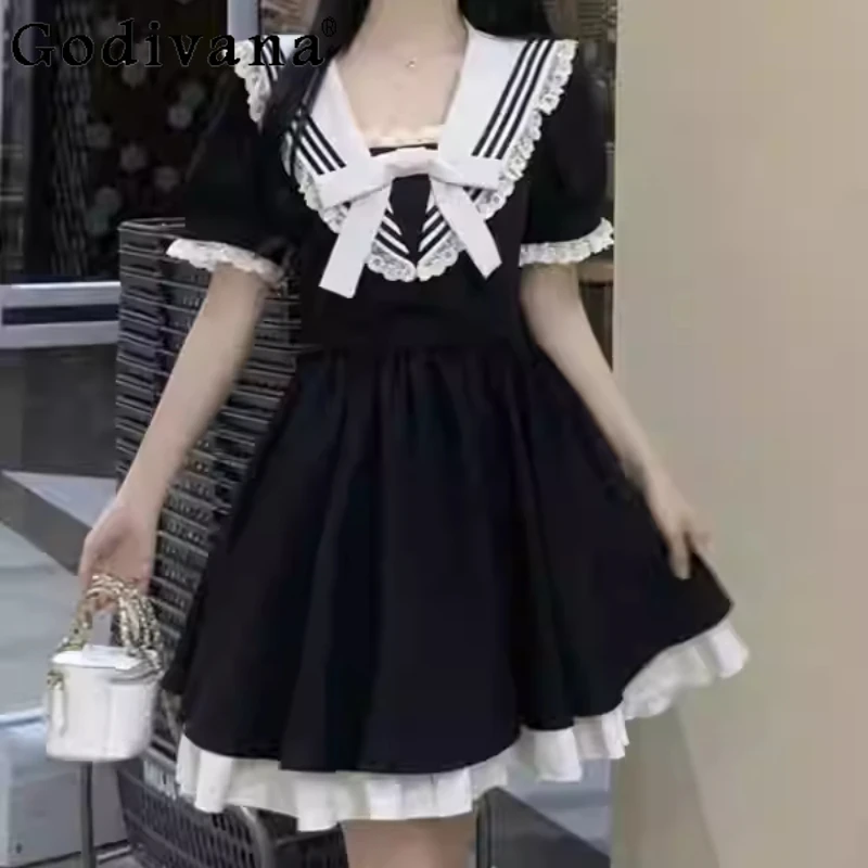

Large Size Spring Summer College Navy Collar Black Short Sleeve Dress Sweet Age-reducing Girl Lolita High Waist Princess Dresses