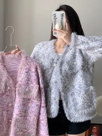 패셔너블 스웨터 여성용 긴팔 V넥 스웨터 외투 명녀 가짜 퍼 소프트 스타일리시 프랑스풍 스웨터 니트 스웨터