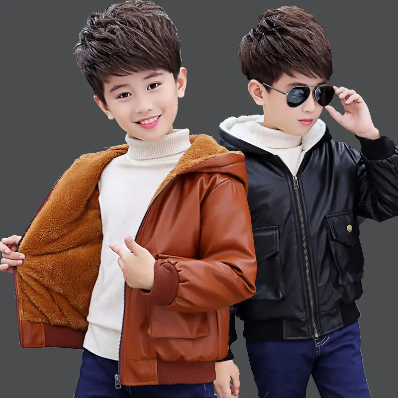 6 9 10 11 12 Years Children Boys Girl Hooded Fur Zipper Biker Leather Jacket Winter Warm Fleece Coat Children Teenager Outerwear