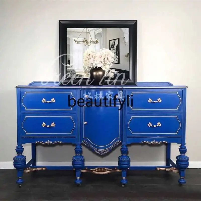 

French retro solid-entry wooden porch cabinet, living room locker, carved storage partition6220