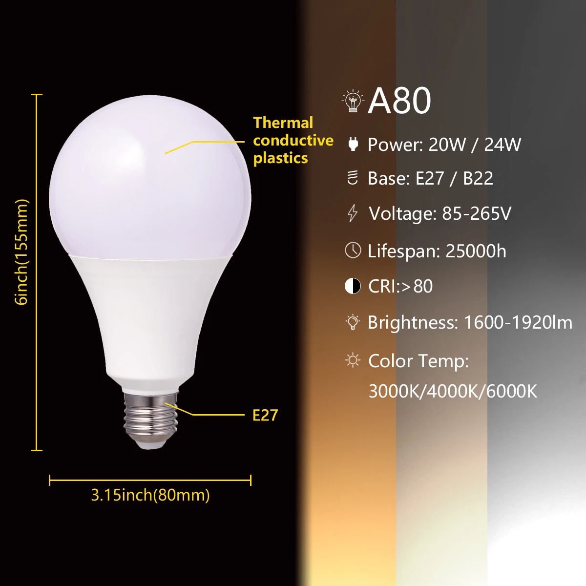 ちらつきのない高ルーメンLED電球,3000k/4000k/6000k,8w-24w e27 b22