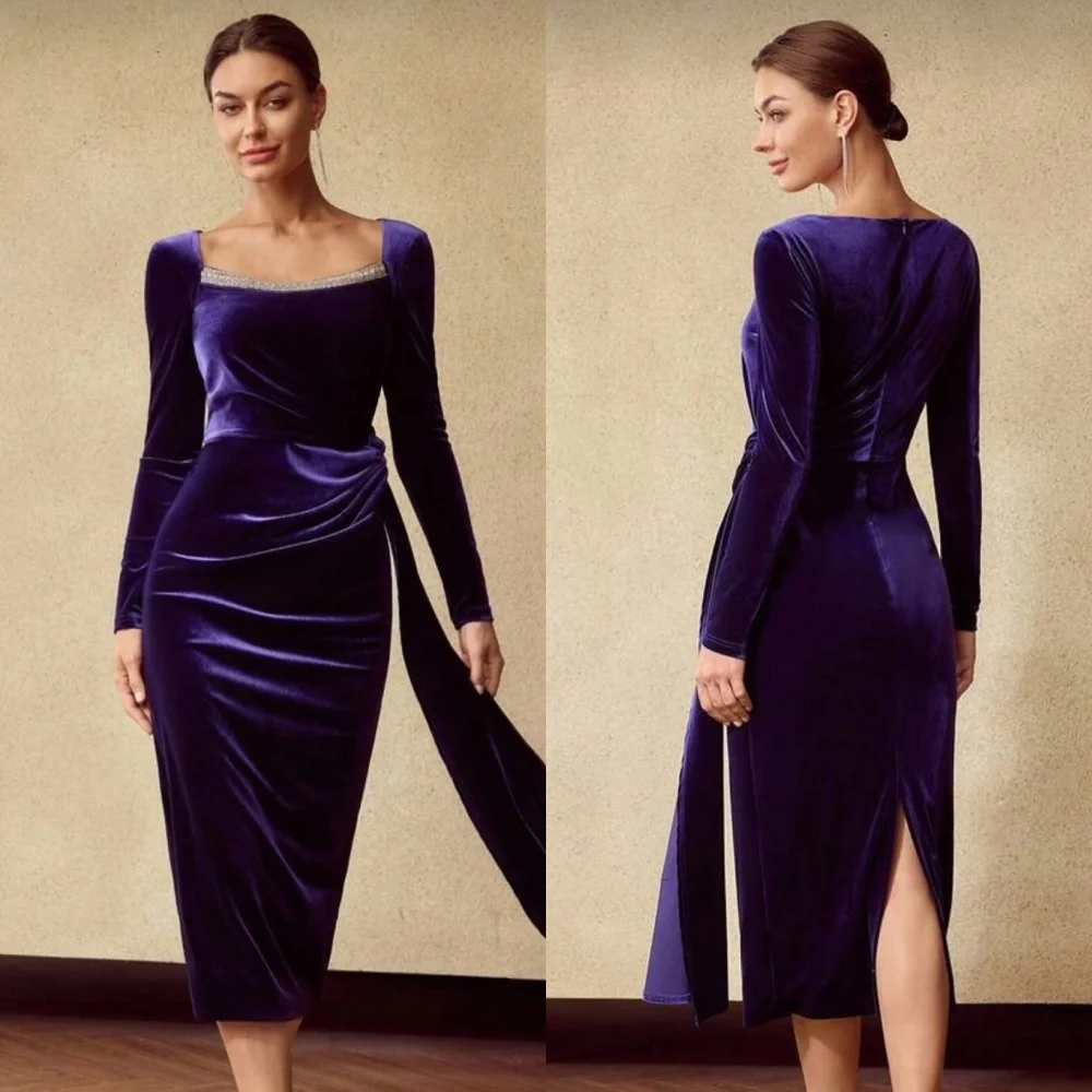 Maßgeschneiderter, moderner Stil, elegante Velours-Strass-Falte, A-Linie, quadratischer Ausschnitt, Teelänge, maßgeschneiderte Kleider für besondere Anlässe, modisch