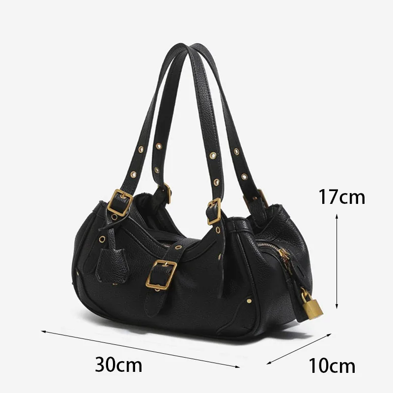 New Motorcycle Style Multi‑layer Shoulder Handbag for Women, Fashion Luxary PU Soft Leather Medium Size Commuter Underarm Bag