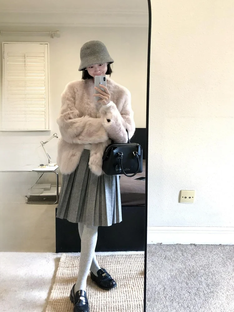 

Теплая зимняя верхняя одежда Fene Fem Pilot Pink V-Ne Fur Jaet Loose Sle Commute Faion Pure Color Молодежный размер