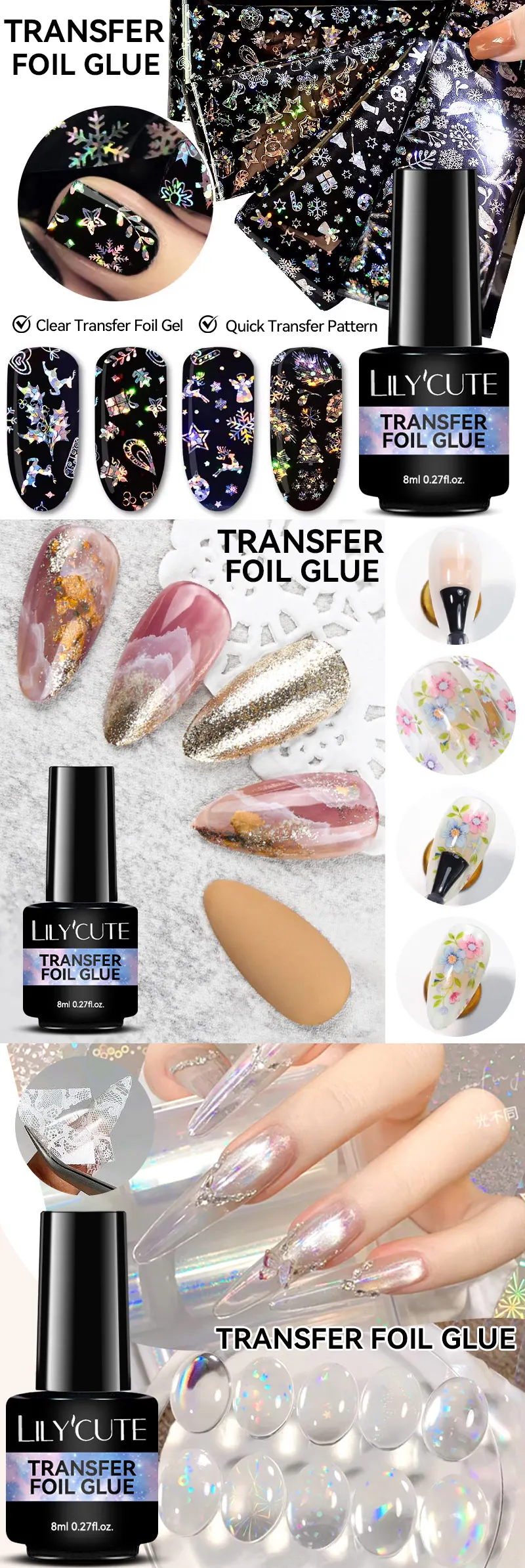 LILYCUTE 8ML Transferfolienkleber für Sternennägel, semi-permanenter Lack für selbstklebende Aufkleber, Nagelkleber, Soak Off UV-LED-Gel-Nagel – Detail 2