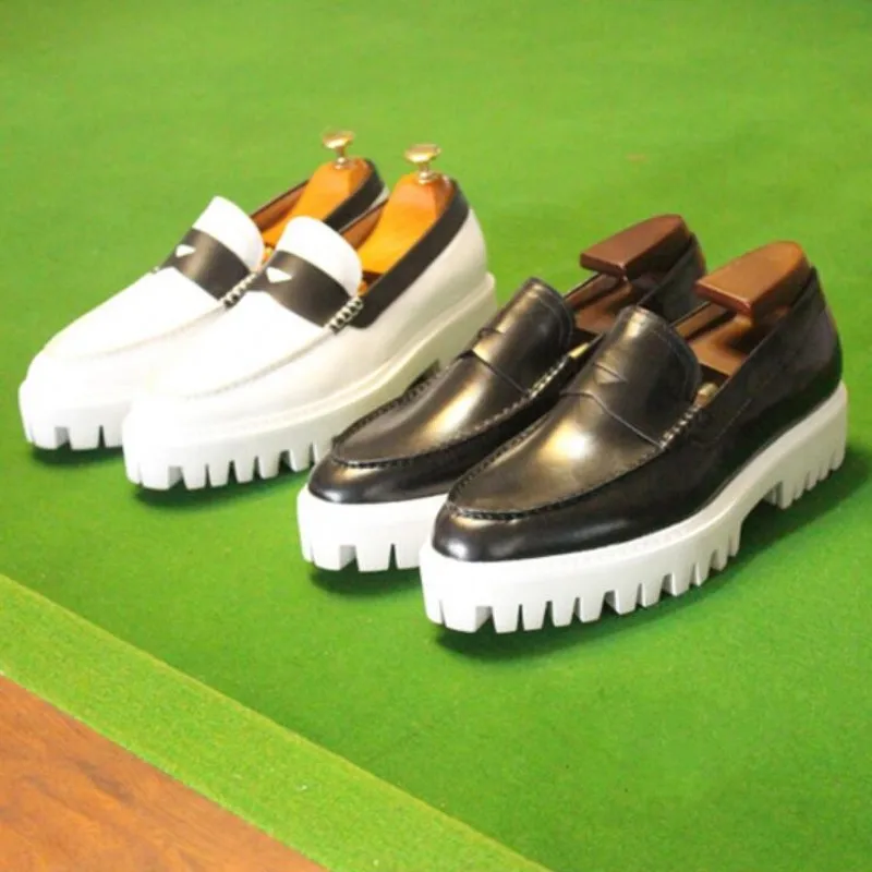 2023 White Black Platform Shoes for men Fashion Thick heel Cow Leather Slip on Driving Loafers Mens Boats