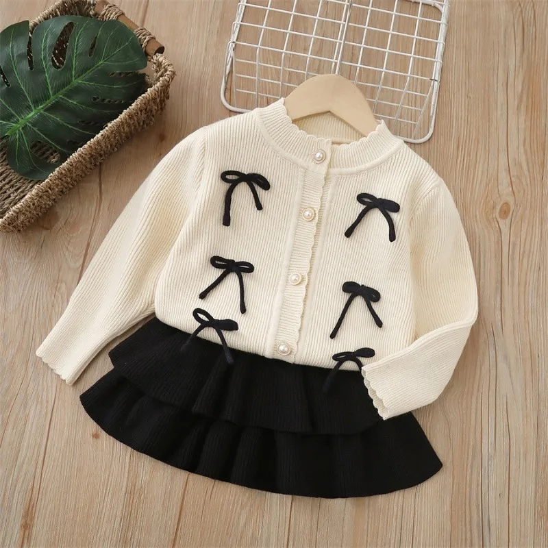 

Kids Red Sweater Set Spring and Autumn Girls Bow Solid Color Sweater Top + Short Skirt Sweater 2 Autumn Girls Outfit Set