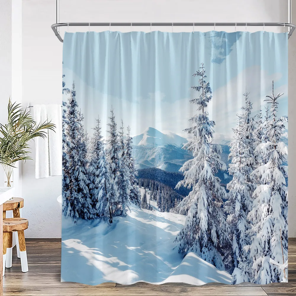 Winter Forest Shower Curtain Cedar Pine Tree Snowy Tree Snowflake Nature Scenery Bathroom Decor Christmas Polyester Bath Curtain