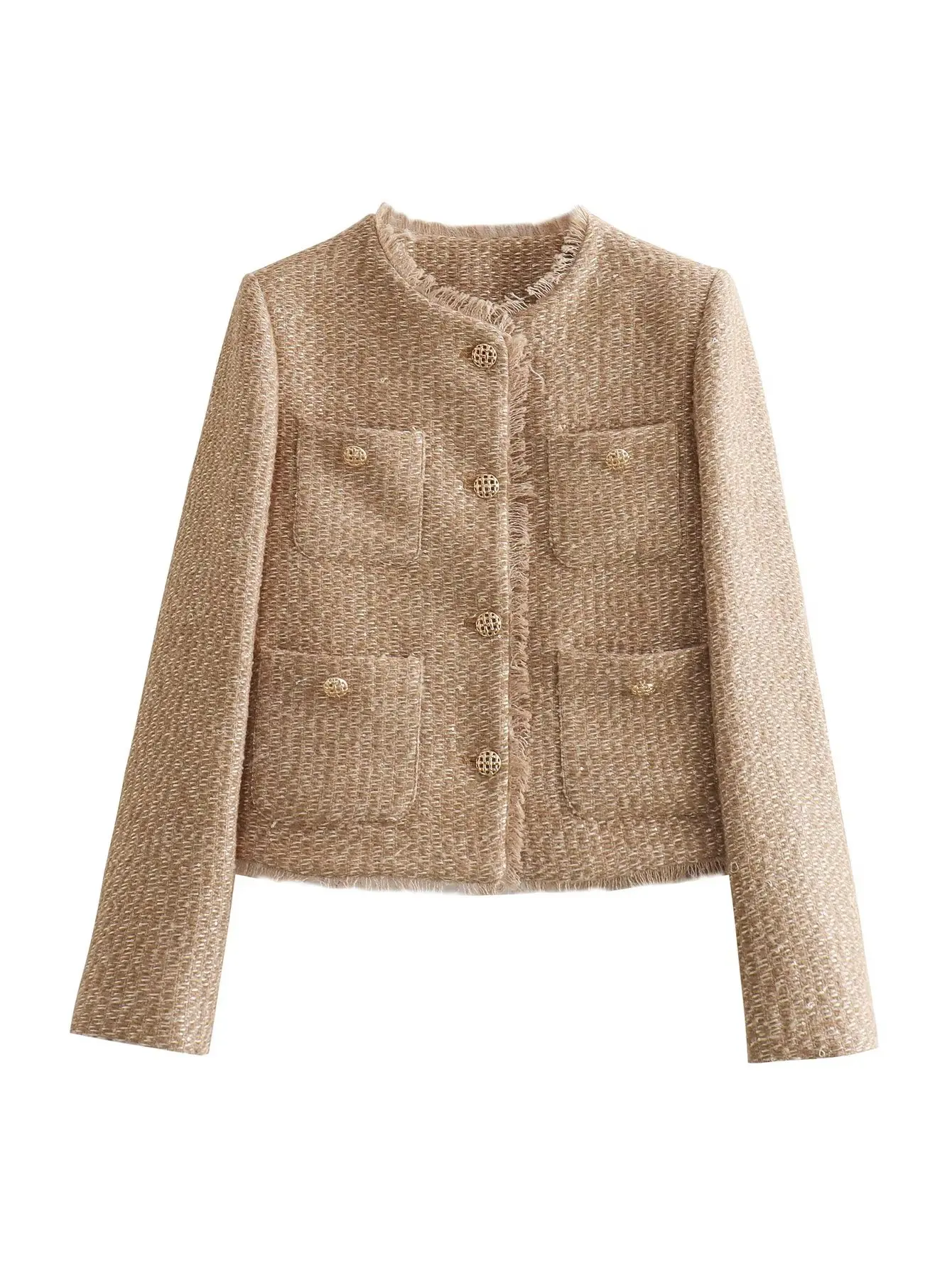 Elegant Women Camel O-neck Pocket Tweed Jacket Long Sleeve Button Frayed Cropped Jacket 2023 Autumn Female Fashion Short Coats