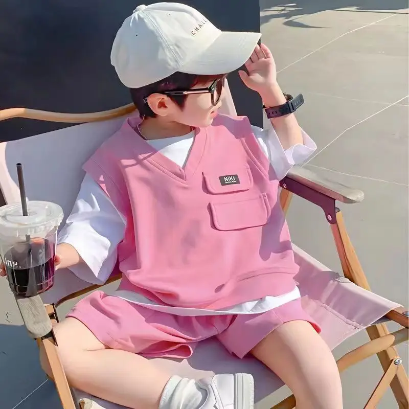 Children's Summer Short Sleeve Set 2023 New Boys and Girls Pink Spliced T-shirt+Shorts 2-Piece Preschool Casual Sportswear Set