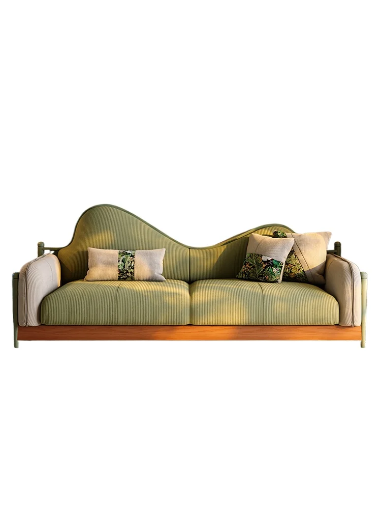 

Fabric sofa French retro style small apartment living room green medium and ancient style three-person corduroy solid wood sofa