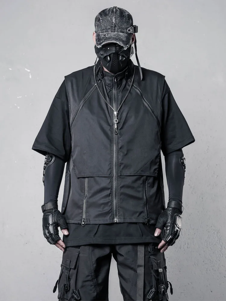 

Avant-Garde Trendy Unique Stitching Zipper Techwear Style Streetwear Frock Vest Coat Dark High Street Waistcoat
