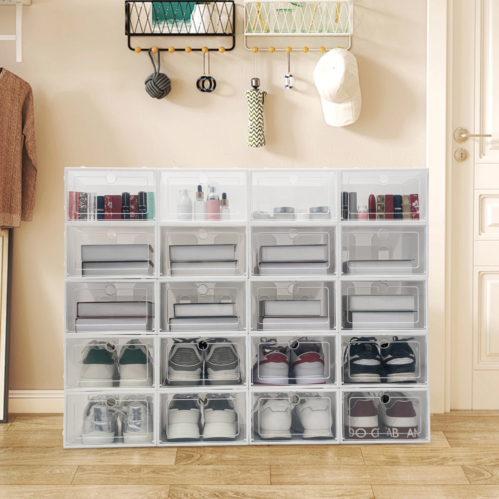 

20 PCS Clear Plastic Shoe Storage Boxes Clamshell Stackable & Foldable Display Shoe Rack Container Shoe Box Organizer for Closet