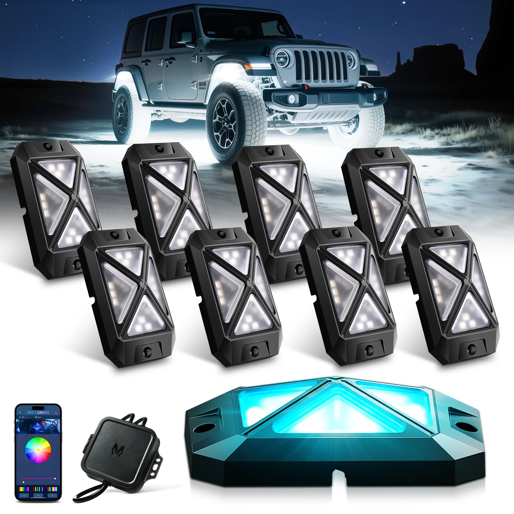 

MICTUNING C4 RGBW LED Rock Lights, 8 Pods 360° Underglow Neon Accent Lighting Kit, 4-Sided Design, App Control Music Mode