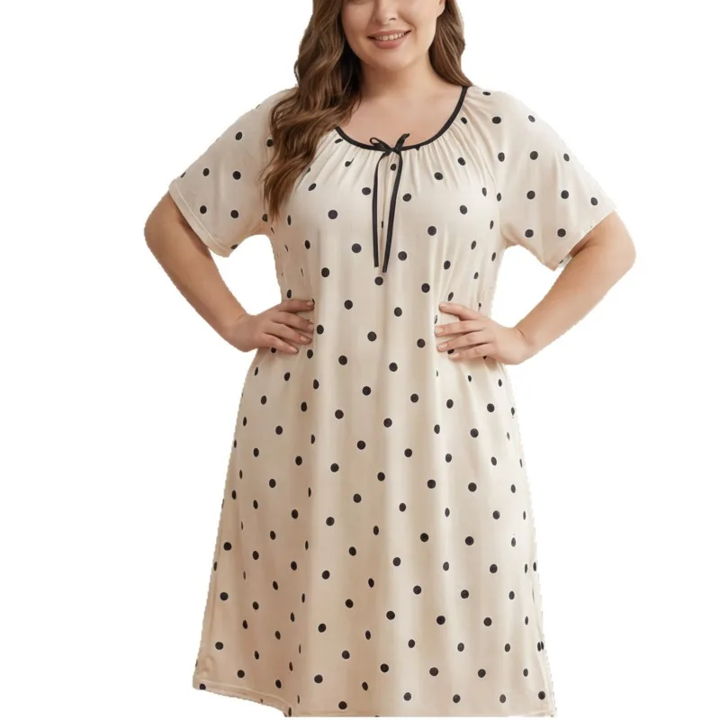 

EU US Plus Size Women Causal Loose Nightgown Polka Dot Summer Short Sleeve Pajamas Mid House Dress Sleepwear Nightshirt L-5XL