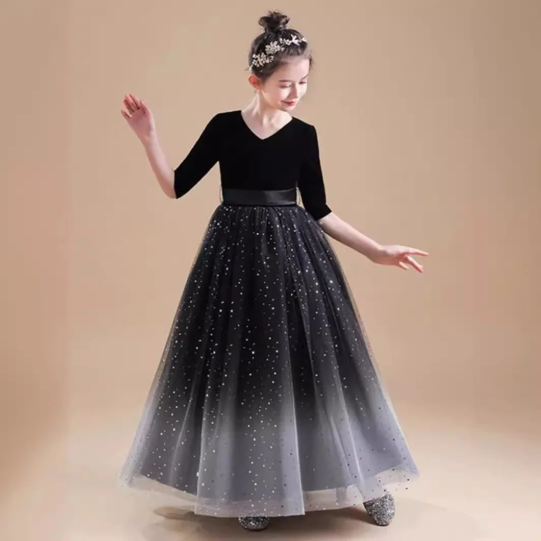 Sukienka dla dziewczynki do sypania kwiatów Yiiya, granatowy aksamit, tiul, dekolt w serek, rękawki do połowy ramienia, zamek błyskawiczny z tyłu, krój A, długość do podłogi, model T061