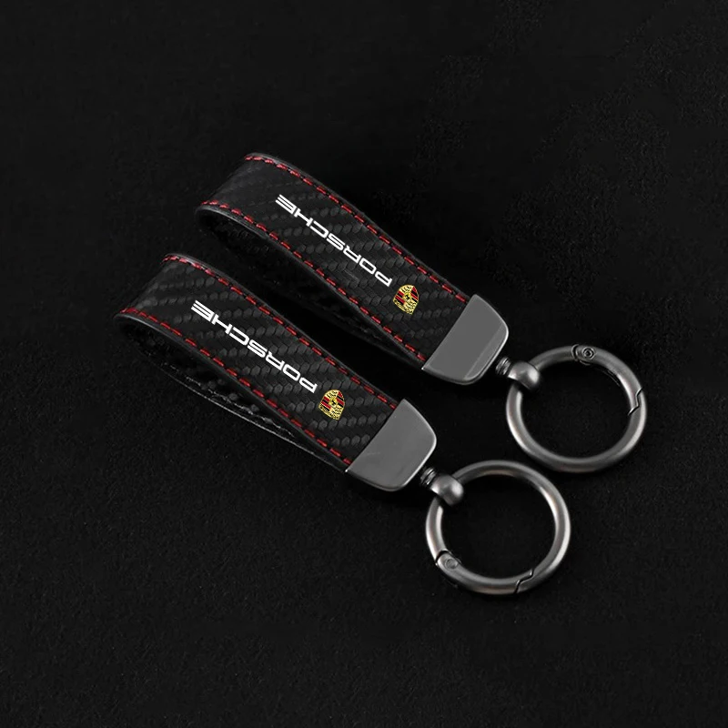 Leather Carbon Fiber Car Keychain Key Pendant Keyring For Porsche Cayenne Panamera Macan 911 718 Taycan Boxster Cayman 918 Pajun