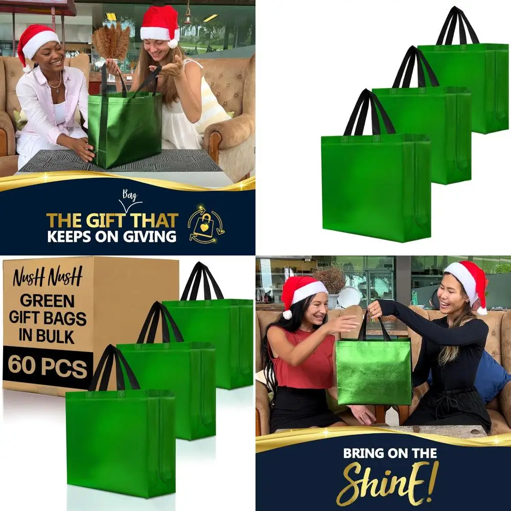 

Bulk 60 Pack Reusable Shiny Green Gift Bags with Handles - Ideal for Christmas, Birthdays, Holidays & Events
