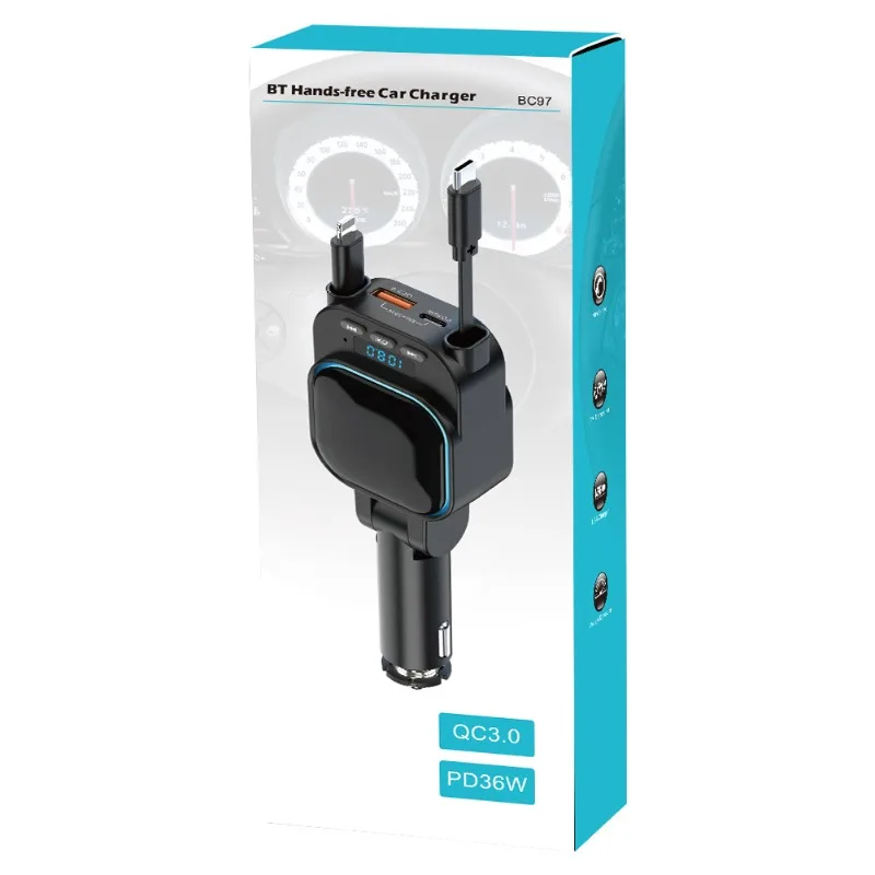 

FM Transmitter Bluetooth 5.3 Car MP3 Player PD 96W QC3.0 Type-c Fast Car Charger w/ Retractable Cables For iPhone Huawei Xiaomi