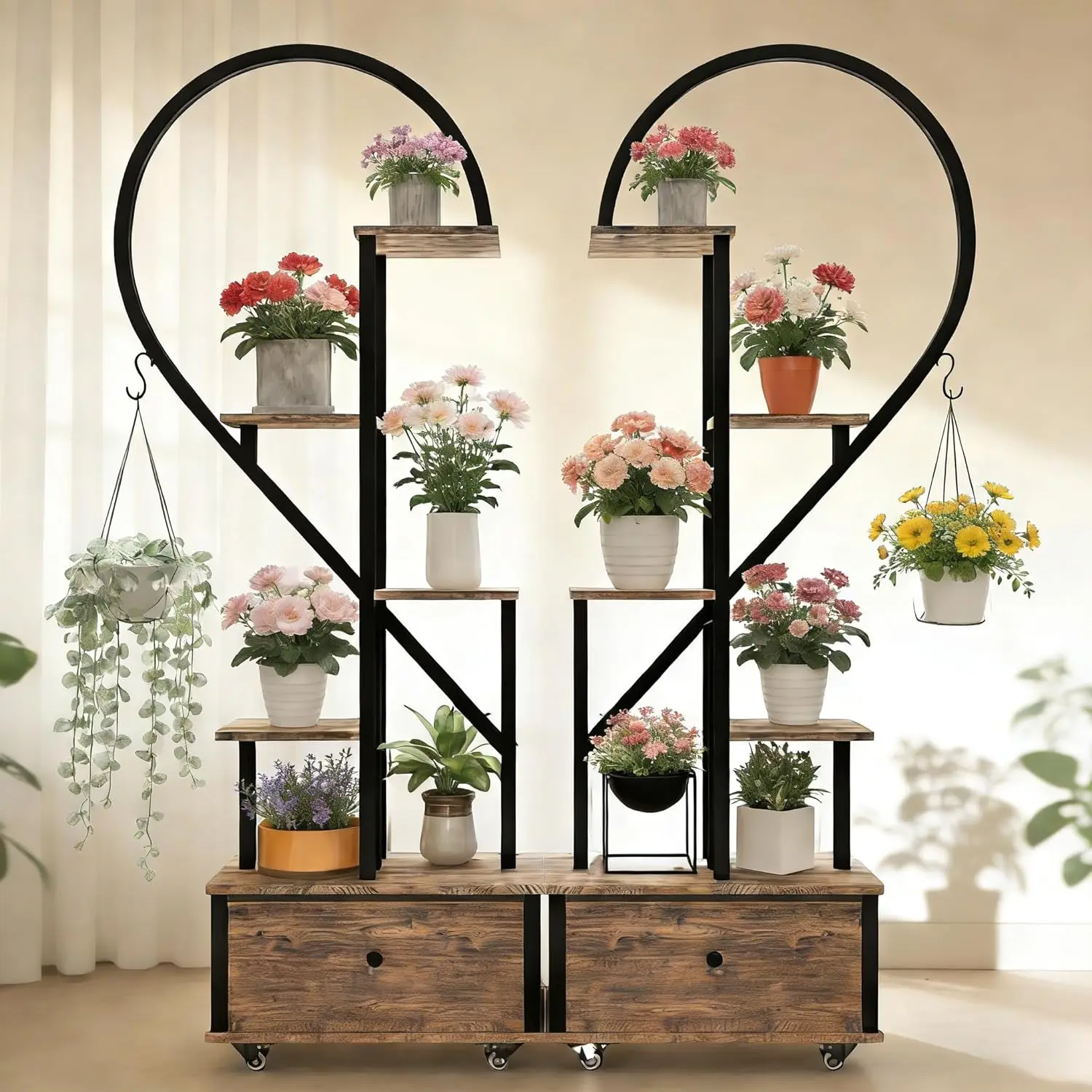 

Heart Shaped Indoor Plant Stand with Rolling Storage Cabinet & Drawer, Multi-Tier Plant Shelf with Hanging Hooks & Casters for H