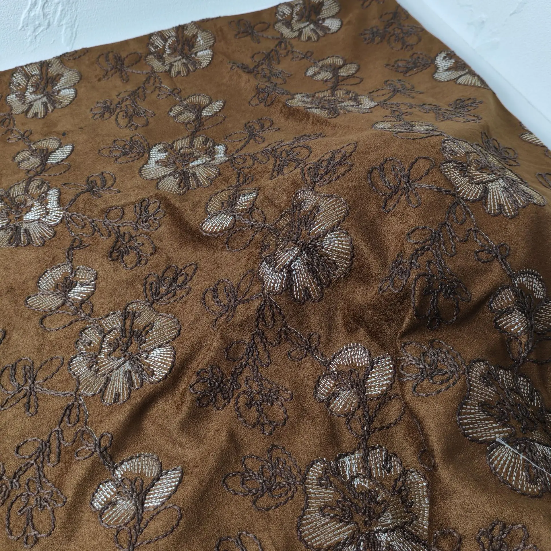 Caramel Suede Heavy Floral Embroidery Fabric Autumn Winter Cloth For Women Jacket Trench Coat Biker Coat Skirt Sewing Material