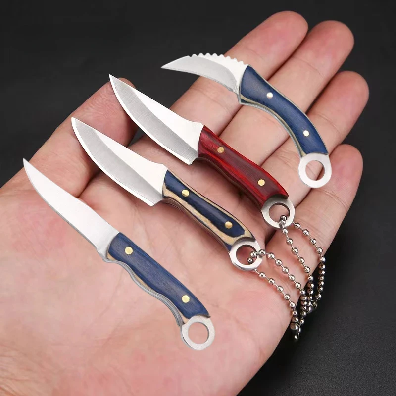 Mini Ring Colorful Wood Small Straight Knife Small Claw Pocket Keychain Open Box Package Small Gift Artifact