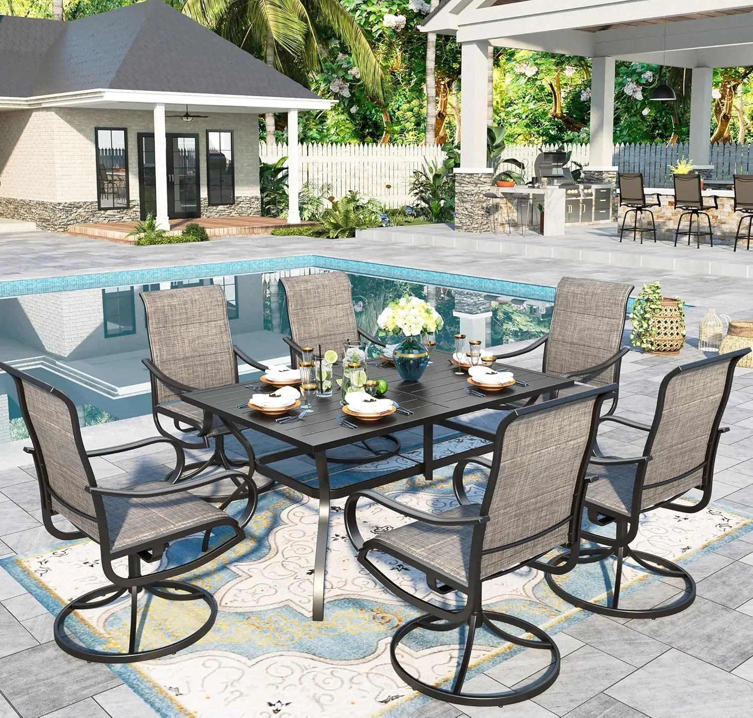 

Patio Dining Set 7 Pieces Outdoor Metal Furniture Set, 6 x Patio Dining Swivel Chairs Padded