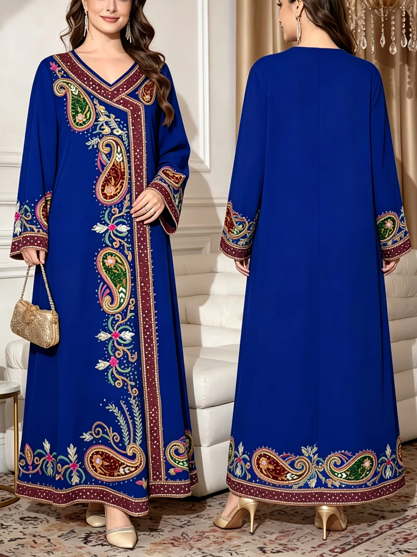Plus Size Middle Eastern Gown Western Fashion V-Neck Printed Women's Dress for Commute Loose Vacation Style Long Sleeve Dress