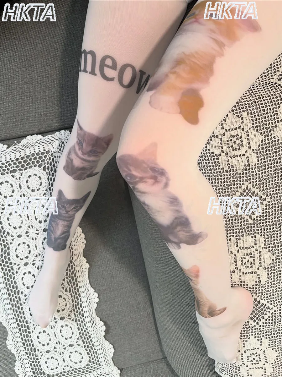 Japanese Subculture Y2k Retro Sweet Cool Hot Girl Personality Cute Cartoon Pattern Print Tights Spring Versatile Pantyhose Women