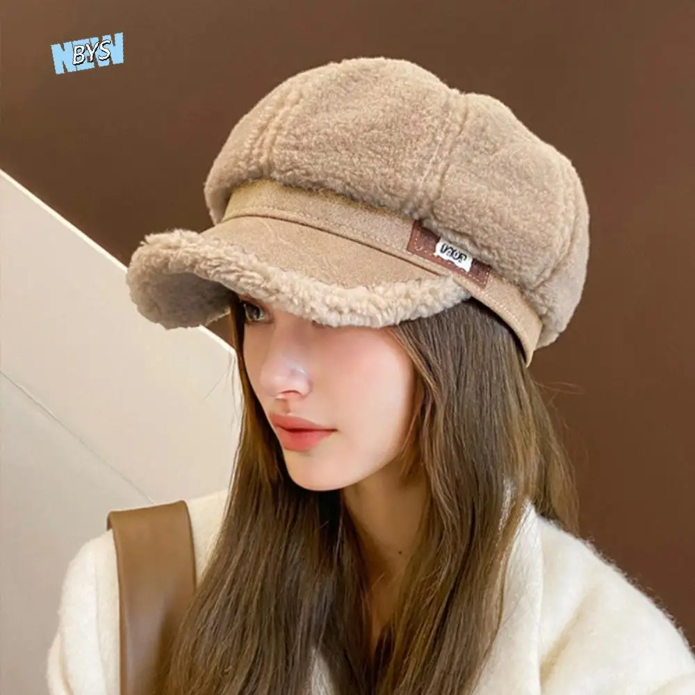 

Personality Thickened Lamb Fleece Peaked Cap Harajuku Coldproof Winter Painter Hat Keep Warm Beret Plush Octagonal Cap Ladies