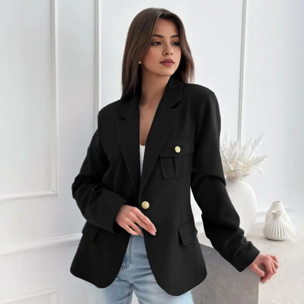 Casaco de terno feminino elegante lapela terno casaco para mulher com bolsos de aba único botão fechamento elegante senhora do escritório outwear para um