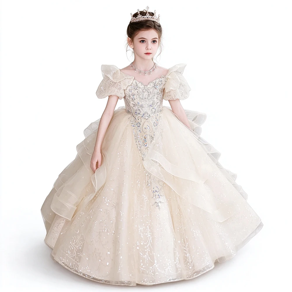 Princess Kids Graduation Catwalk Model Show Gown Short Sleeve Ruffle Tulle Champagne Evening Prom Birthday Party Dress For Girls