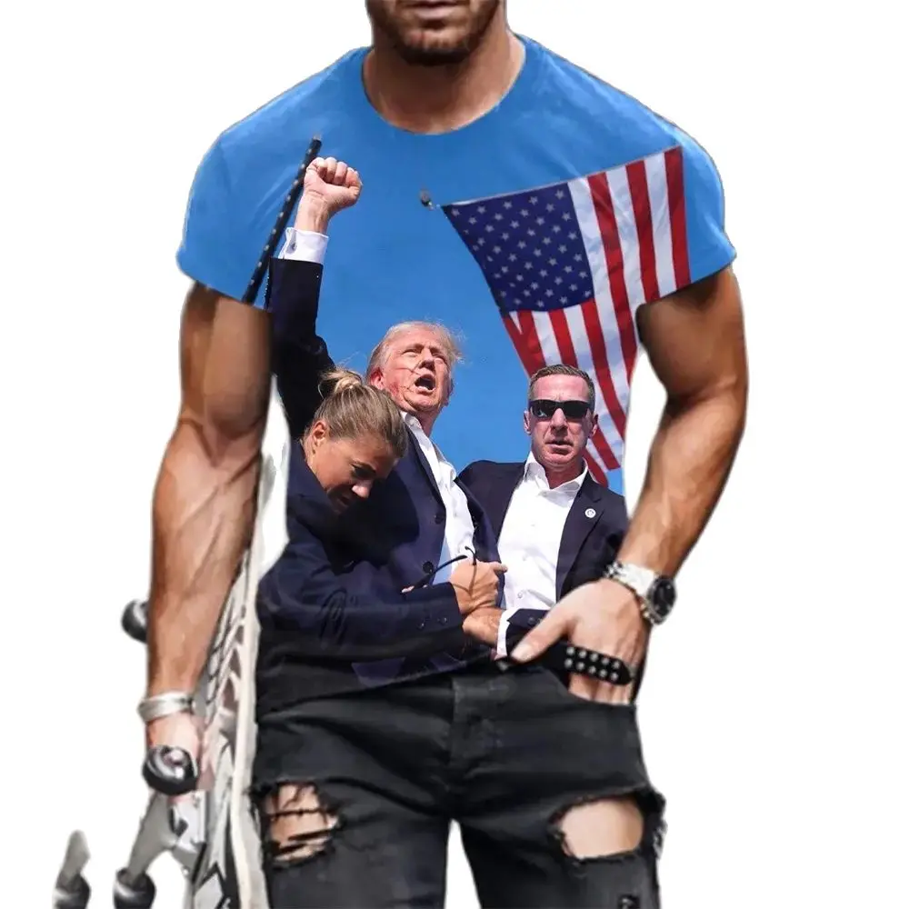 

New 2024 summer US flag Donald Trump Never Say Die Fist Resistance picture men's and women's T-shirts