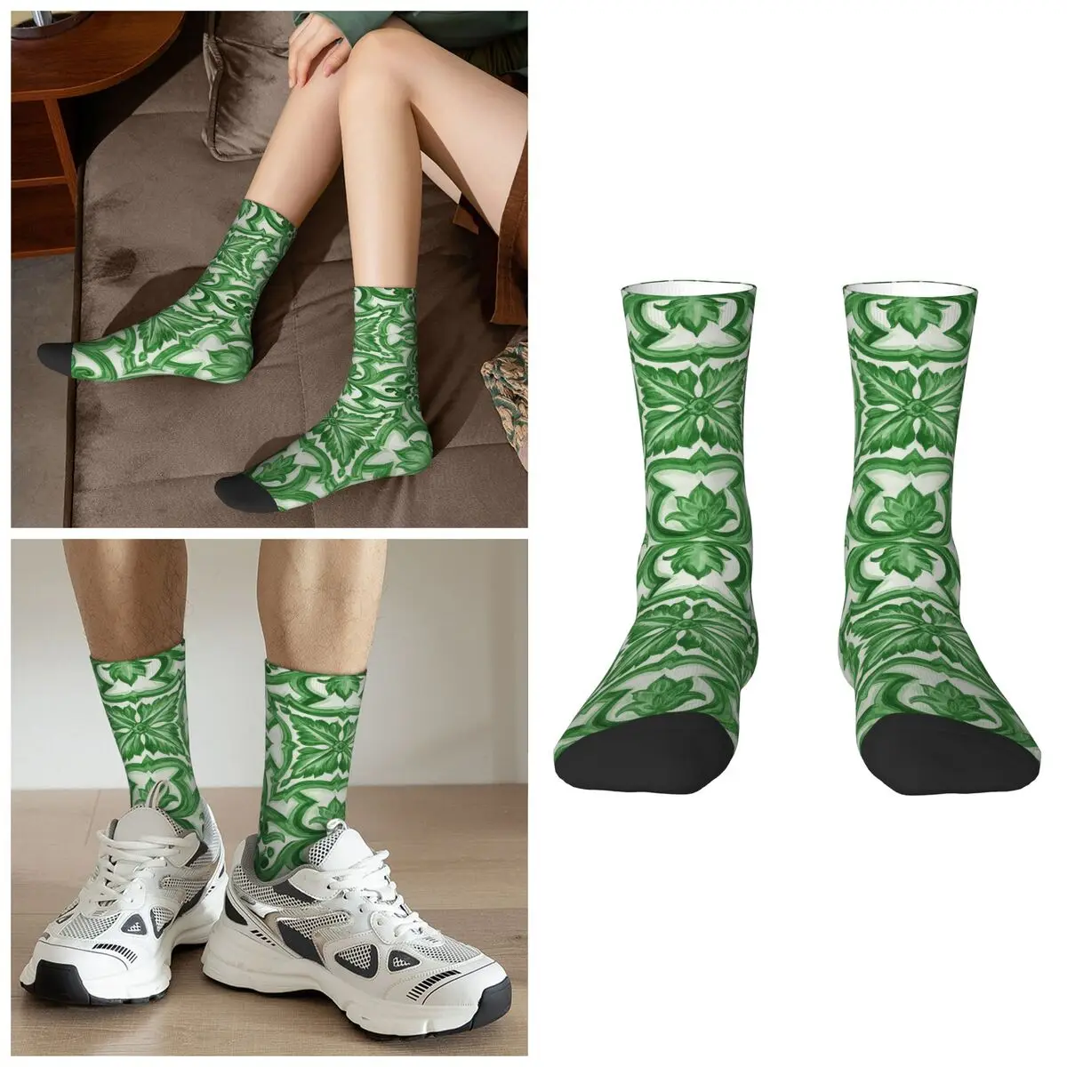 

Green Ornate Floral Mediterranean Sicilian Tile Socks Harajuku High Quality Stockings All Season Long Socks for Man Gifts