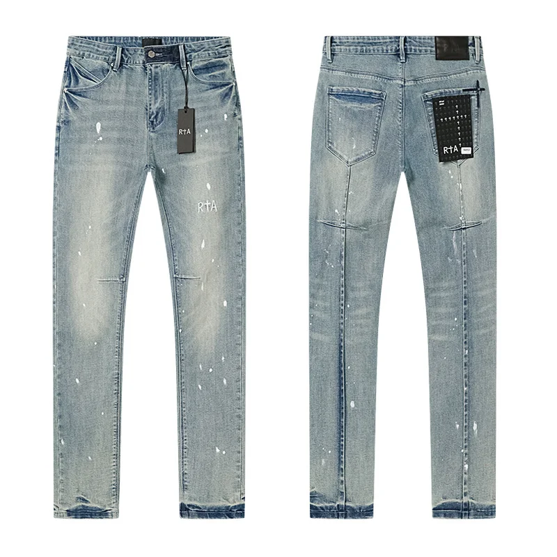 

New Arrival Brand Paint Graffiti Men's washed Slim Fit Skinny patchwork Denim Jeans pants