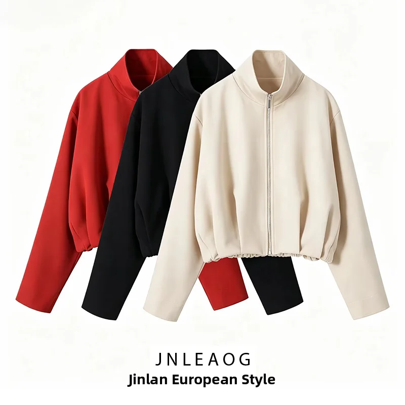 JNLEAOG Fashionable Stand Collar Zipper Flight Jacket Outerwear for Women New Autumn Style Standard Fit Polyester Coat