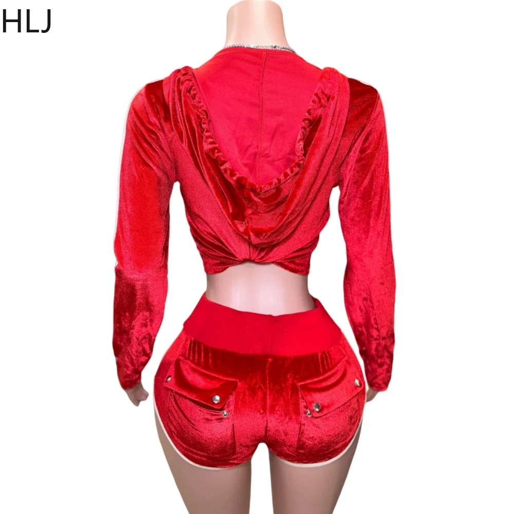 HLJ Red Fashion Velvet Zip Hooded Two Piece Sets Women Print Long Sleeve Slim Crop Top And Drawstring Shorts Outfits Streetwear