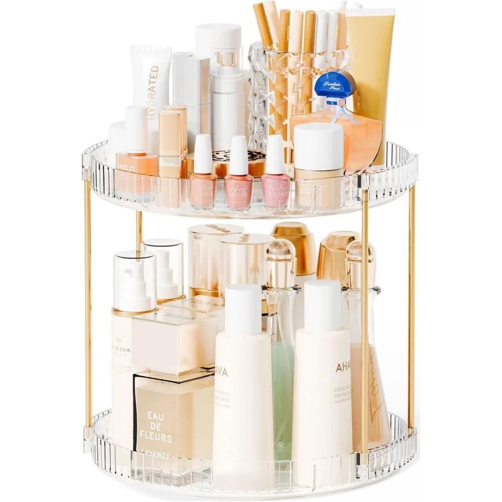 

360 Rotating Clear Acrylic Makeup and Skincare Organizer Two Tier Holder for Vanity Bathroom Countertop