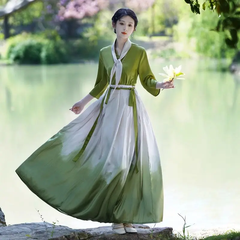 Chinese Satin Retro Ink Gradient Improved Horse Face Skirt Hanfu Suits Ladies Middle Sleeve Set With Ribbon Elegant Outfit Z1729