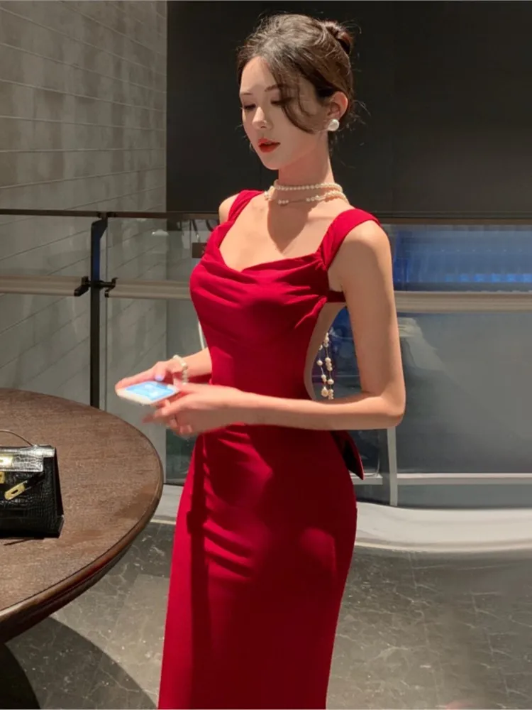 Damska seksowna czerwona sukienka bodycon na ramiączkach spaghetti z odkrytymi plecami, letnia sukienka maxi bez rękawów z kokardą, modna suknia wieczorowa na bal maturalny, vestidos