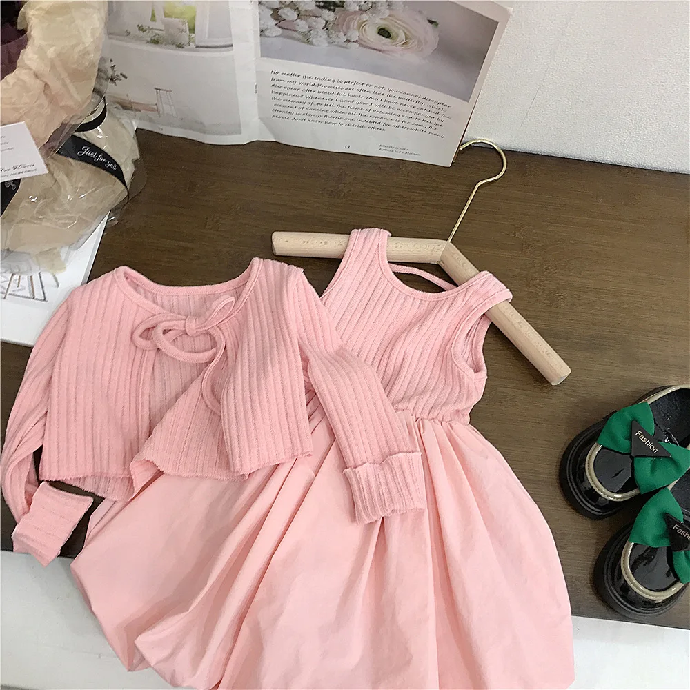 

Two Pieces Cute Girls Dress Sets Solid Sleeveless Ball Gown+Long Sleeve Knitting Cardiagn Fashion Children Spring Fall Clothes