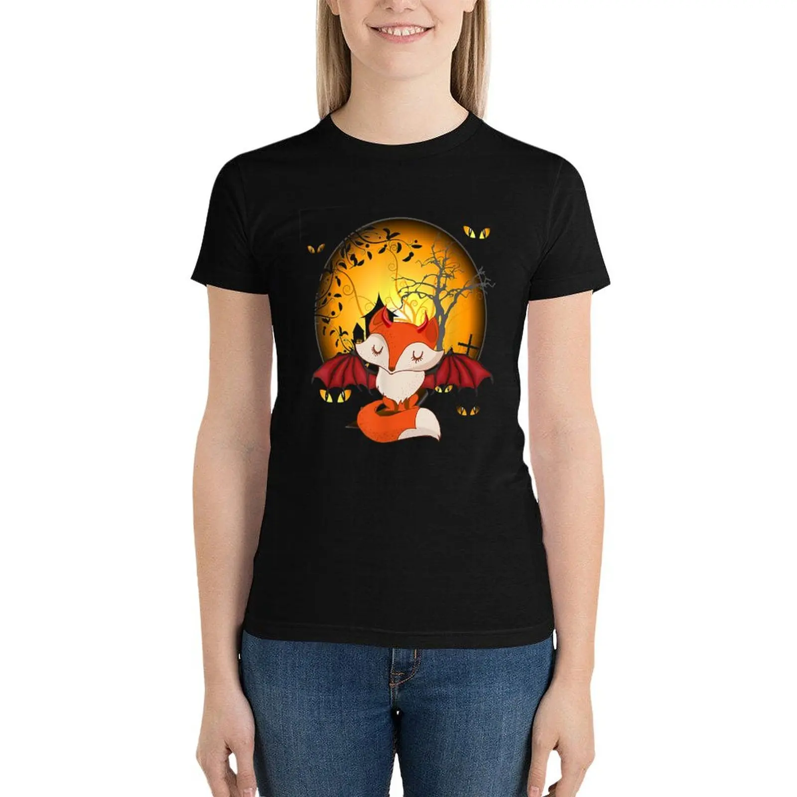 Halloween - Fox With Bat Wings T-Shirt gładka Estetyczna odzież urocze ubrania letnie topy Bawełniana koszulka damska