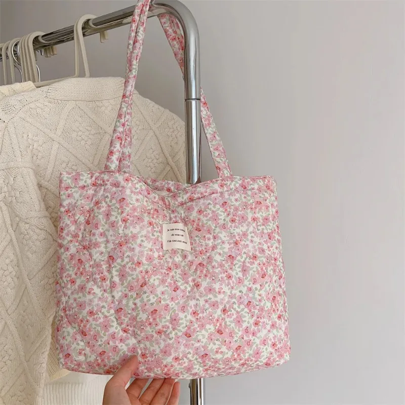 Cotton Floral Tote Bag for Women Handbag Trendy Chic Puffy Top Handle Bag Quilted Padded Shoulder Bag Designer Shopper Bag