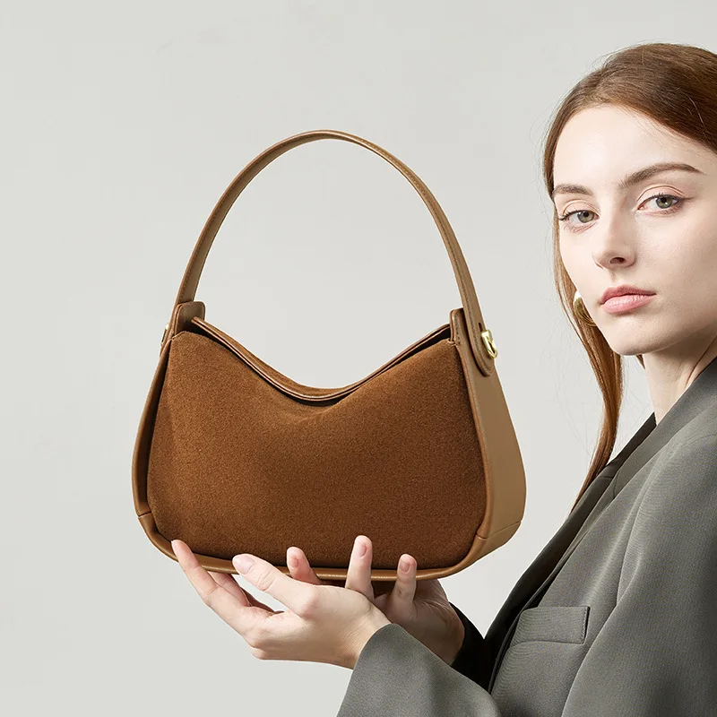 

2025 New Genuine Suede Leather Underarm Bag Women's Commuting Handbag Urban Crossbody Bag Versatile Box Messenger Shoulder Pack