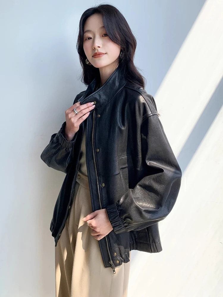 여성을위한 빈티지 정품 가죽 카고 재킷 봄 가을 하이 엔드 단순 스탠드 칼라 느슨한 부드러운 블랙 진짜 양피 코트