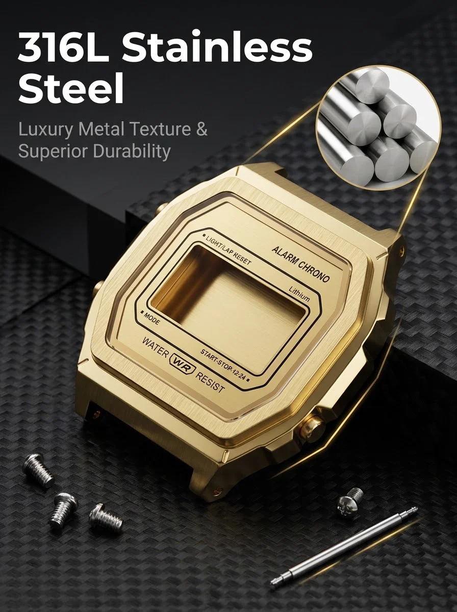 Royale Ultra Mod für CASIO F-91/A158/A159 Uhrengehäuse 316L Edelstahl K1 Mineral Poliert Gebürstetes Mattes Gehäuse Sunray Zifferblatt-Set – Detail 5