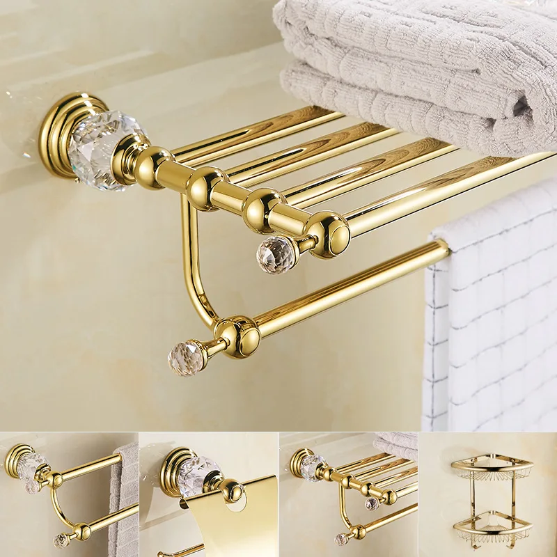 

Luxury Crystal Bathroom Accessories Set Gold Polished Brass Bath Hardware Set Wall Mounted Bathroom Products Basket Rack Storage