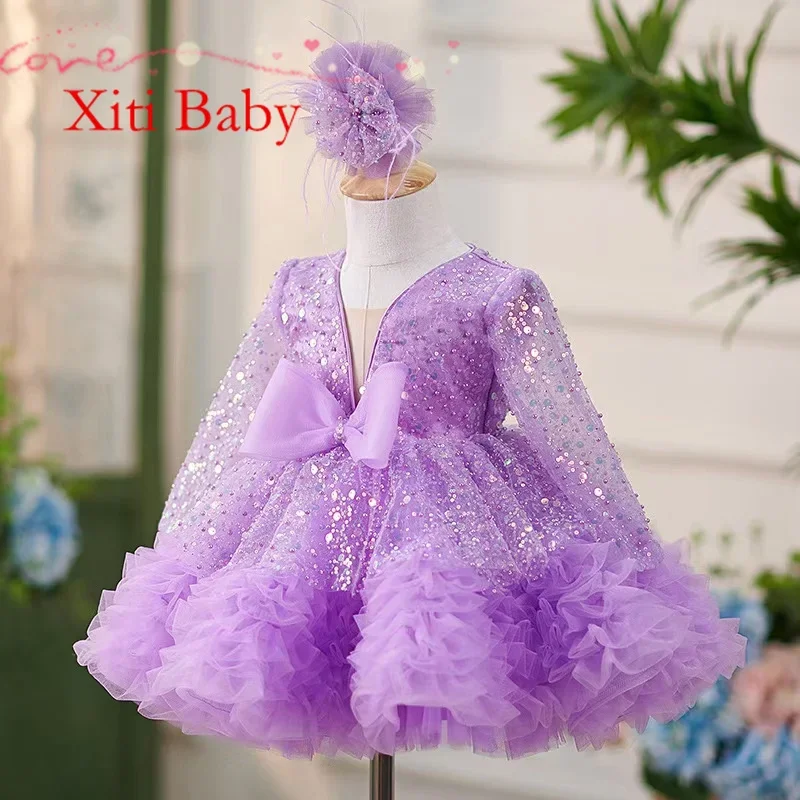 Luxury Child Girl Wedding Dress Bow Purple Party Dresses Beads Tiered Tulle Sleeves Puffy Flower Girl Dresses For Weddings