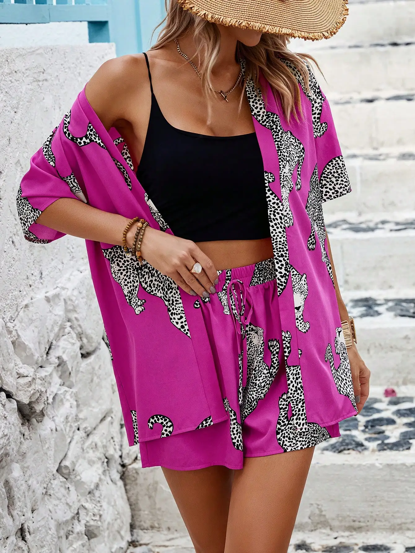 

Vibrant Pink Leopard Print Drop Shoulder Kimono Top & Shorts Set