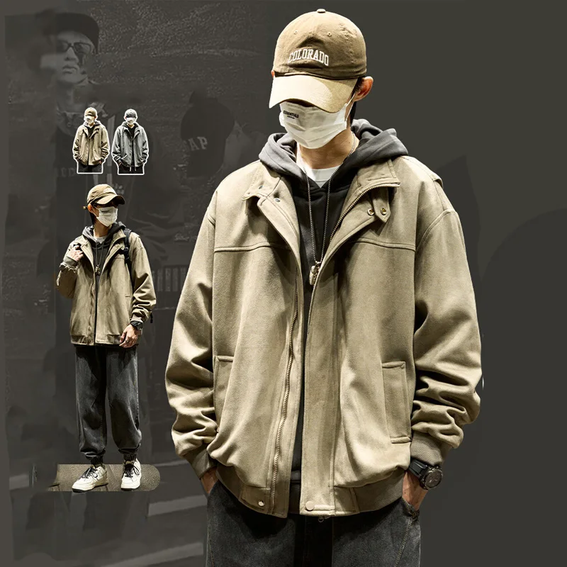

Kazuki Kuraii Men's Suede Jaet Casual Loose Pilot Sle Outerwear Autumn Winter New American Workwear Long Sve Zipper